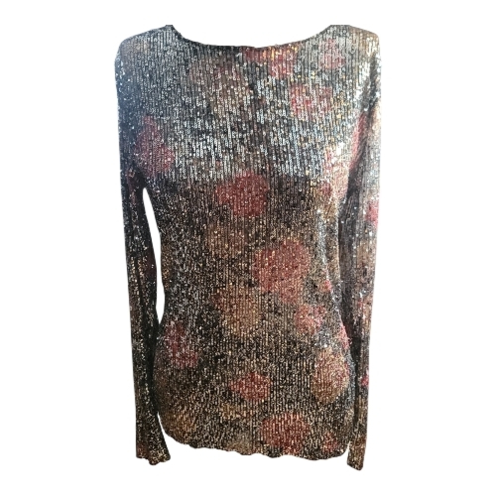 Printed Gold Rush Long Sleeve Blouse - Black, Gold, and Red Sequins, Medium